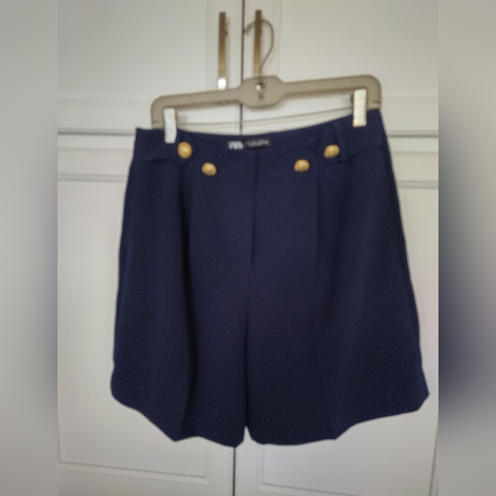 Zara navy blue tailored gold button shorts US L NWT